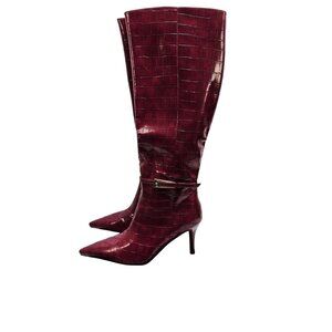 Comjuy Womens Tall Burgundy Croc Embossed Knee-High Boots Pointed Toe Heel 9.5